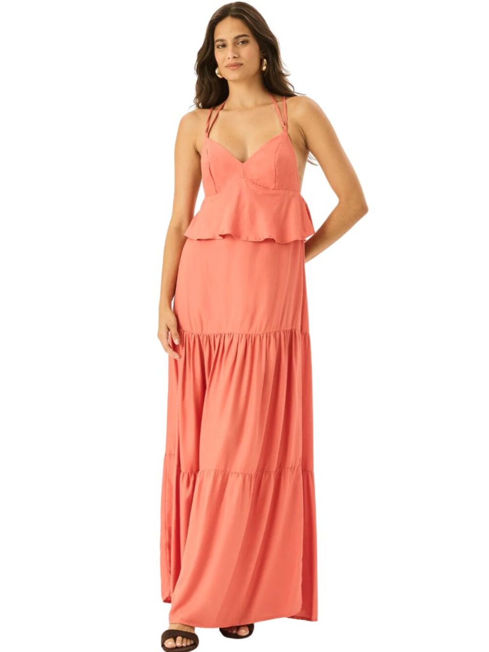 NWT CaCay Long Peplum Layered Maxi Dress Light Orange Size M